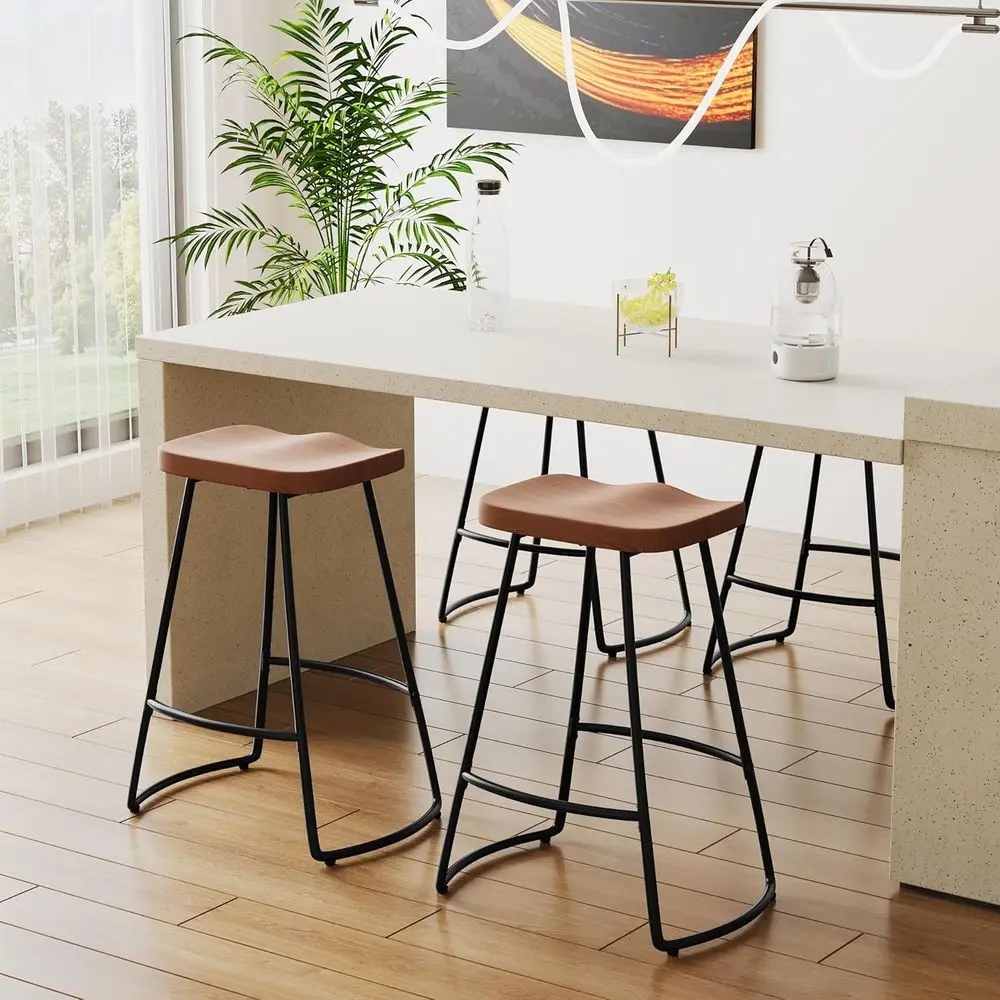 Set of 4 Metal Bar Stools, Brown, Counter Height Kitchen Island Chairs for Dining - view 5
