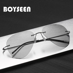 BOYSEEN Rimless Titanium Photochromic Sunglasses  Polarized Sunglasses Men Vintage Ultralight Brand Designer Pilot Eyewear UV400