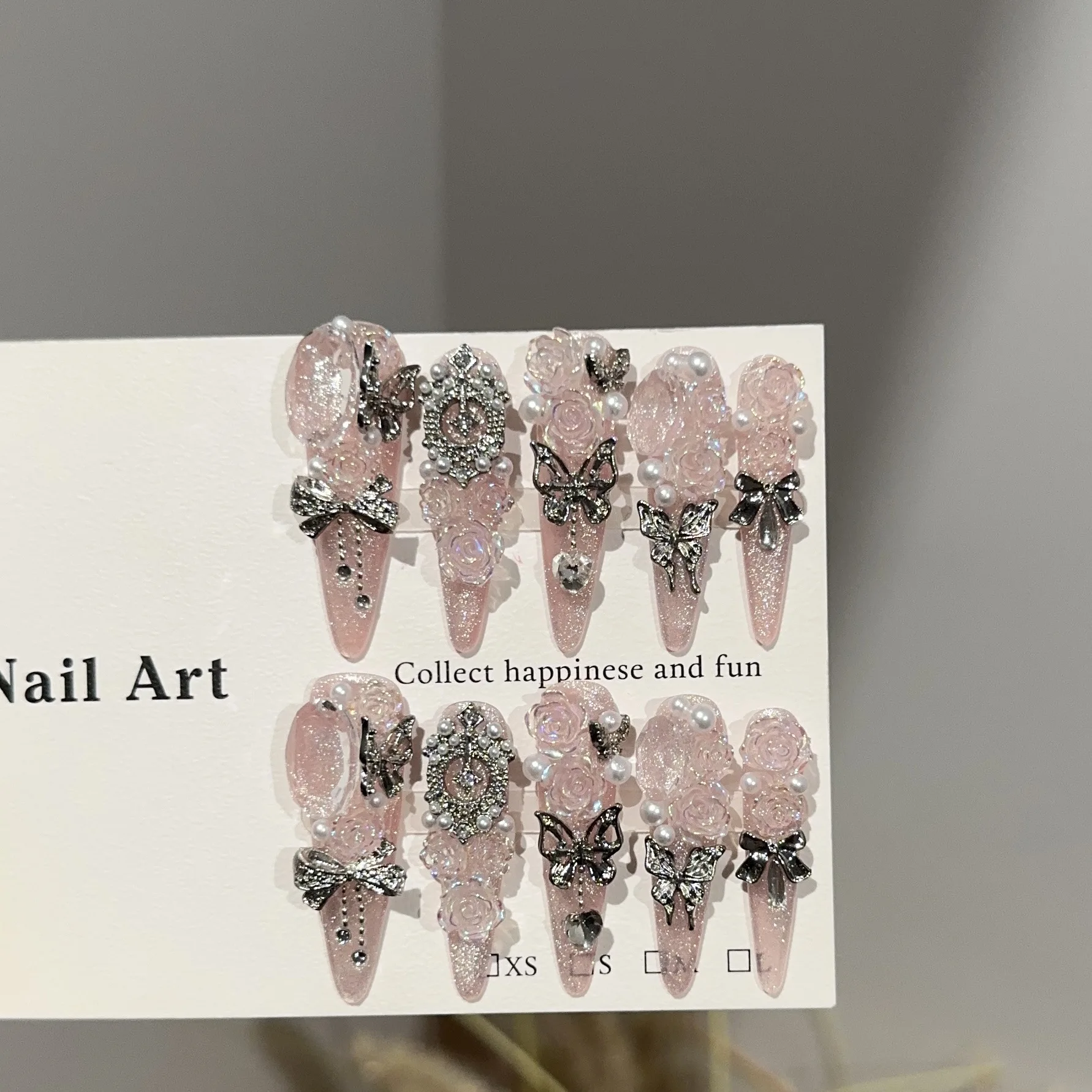 Handmade Stiletto Press on Nails Nude Pink Glitter 3D Rose Gun‑Black Butterfly Rhinestone False Nails Reusable For Wedding Brida