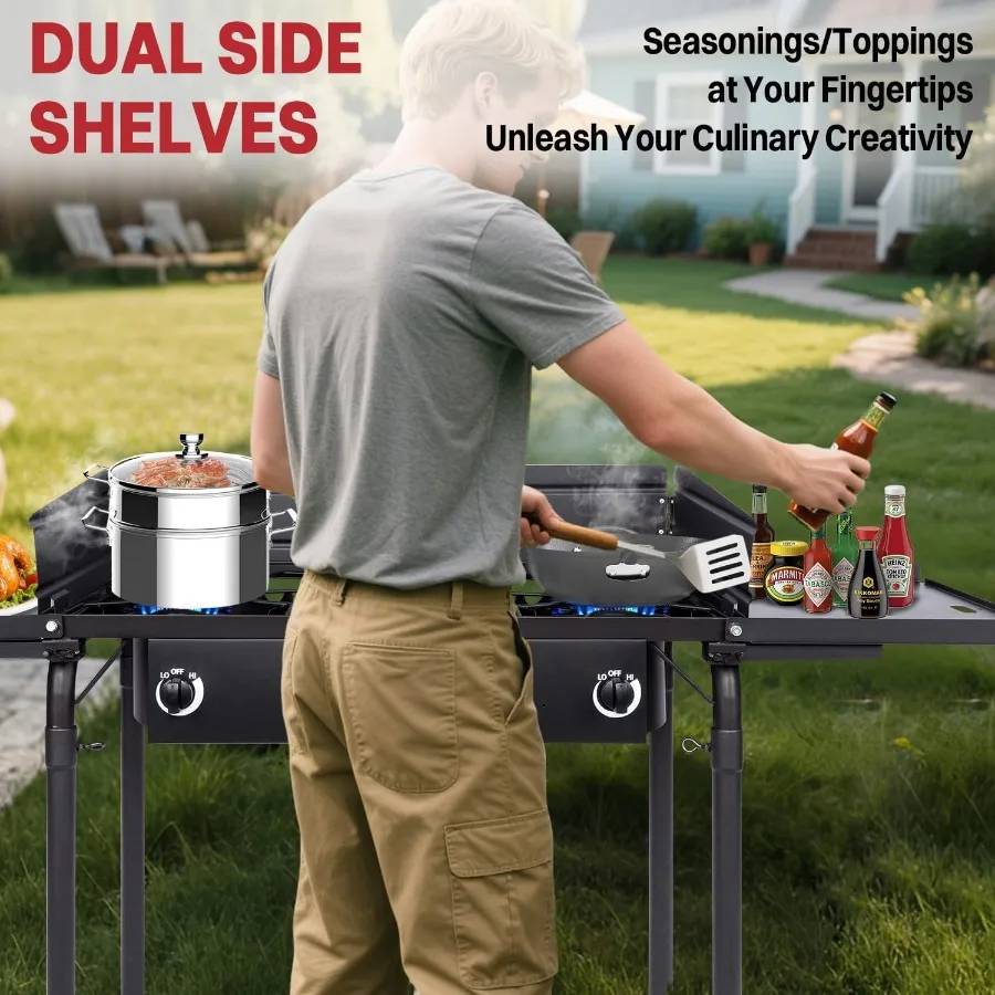 موقد تخييم من البروبان ذو 3 شعلات مع شعلات غاز بقدرة 225000 وحدة حرارية بريطانية للطهي الفعال في الهواء الطلق تتضمن أرفف جانبية للزجاج الأمامي Waterpro #4
