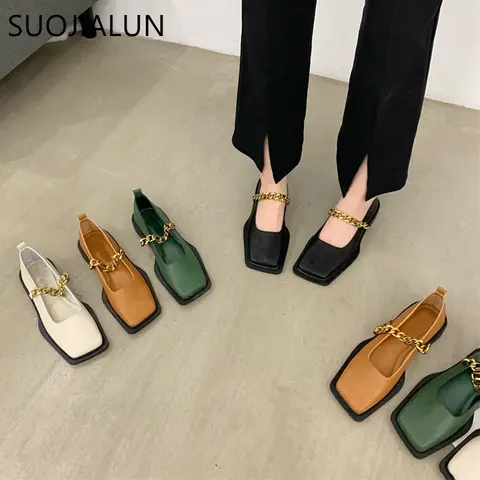 SUOJIALUN 2022 Autumn  Flat Heel Women Loafer Shoes Fahion Square Toe Slip On Shallow Ballerina Shoes Female Ballet Zapatos Muje