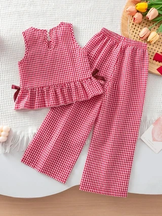 Girls Red Plaid Sleeveless 2-Piece Outfit, Ruffle Tank Top + Wide Leg Long Pants, Bow Decor Kids Summer Set