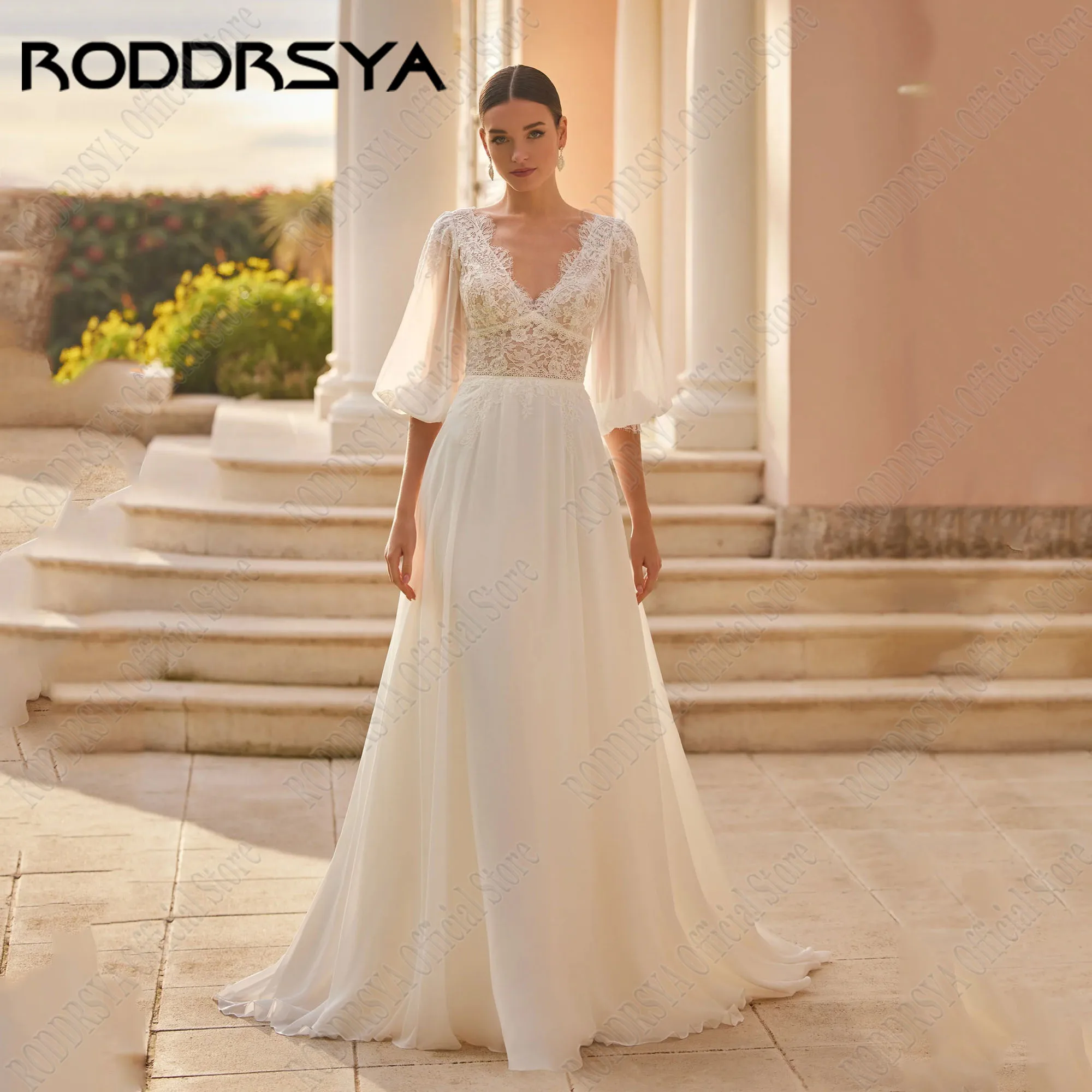 

RODDRSYA Customized Lace V Neck Wedding Dress Puff Sleeves Chiffon A Line Backless Bride Gowns Boho Wedding Dresses Sweep Train