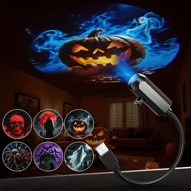 USB Halloween Projector Light 6 Patterns Rotatable Horror Ghost Pumpkin Skull Projection Lamp Party Decor Atmosphere Light