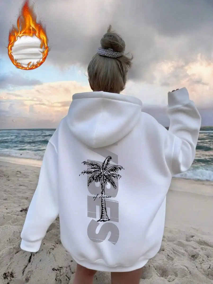 

Женская толстовка оверсайз с капюшоном и принтом пальмы, на теплой флисовой подкладке, повседневный зимний топ