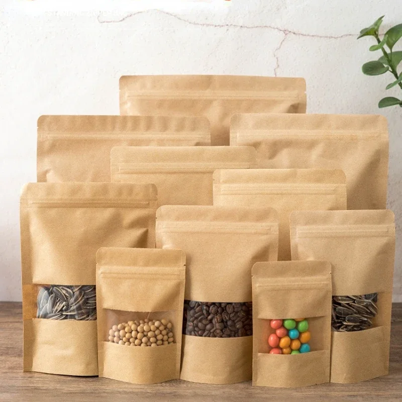 10 pcs Packing Zip lock Kraft Paper Window Bag Stand up Gift Dried Food Fruit Tea packaging Pouches Zipper Self Sealing Bags