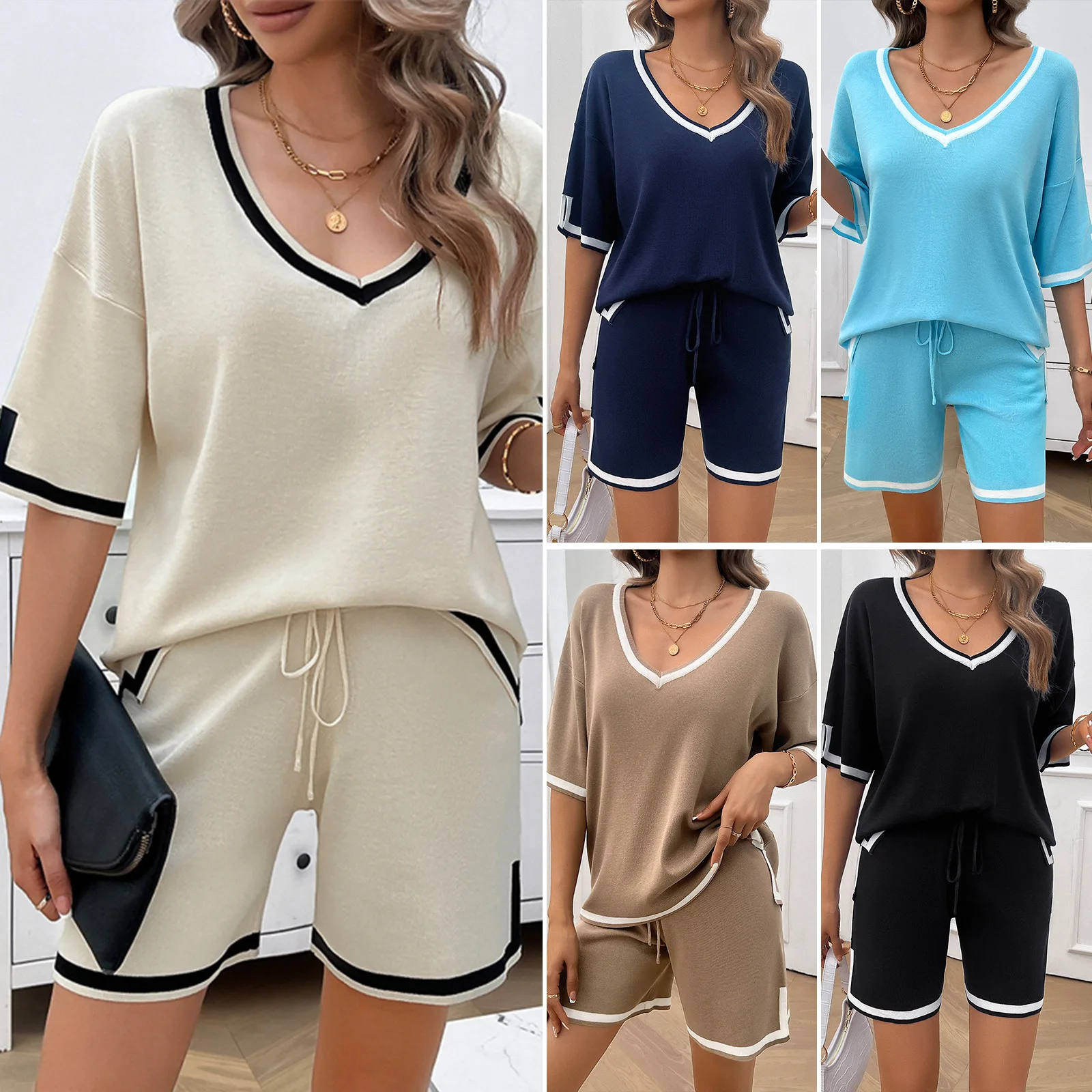 

Sweater Suit Women Casual 2 Piece Sets Pullover Top Shorts V Neck Lace Up Short Pants Ensemble Summer Office Lady 2025 Outfits