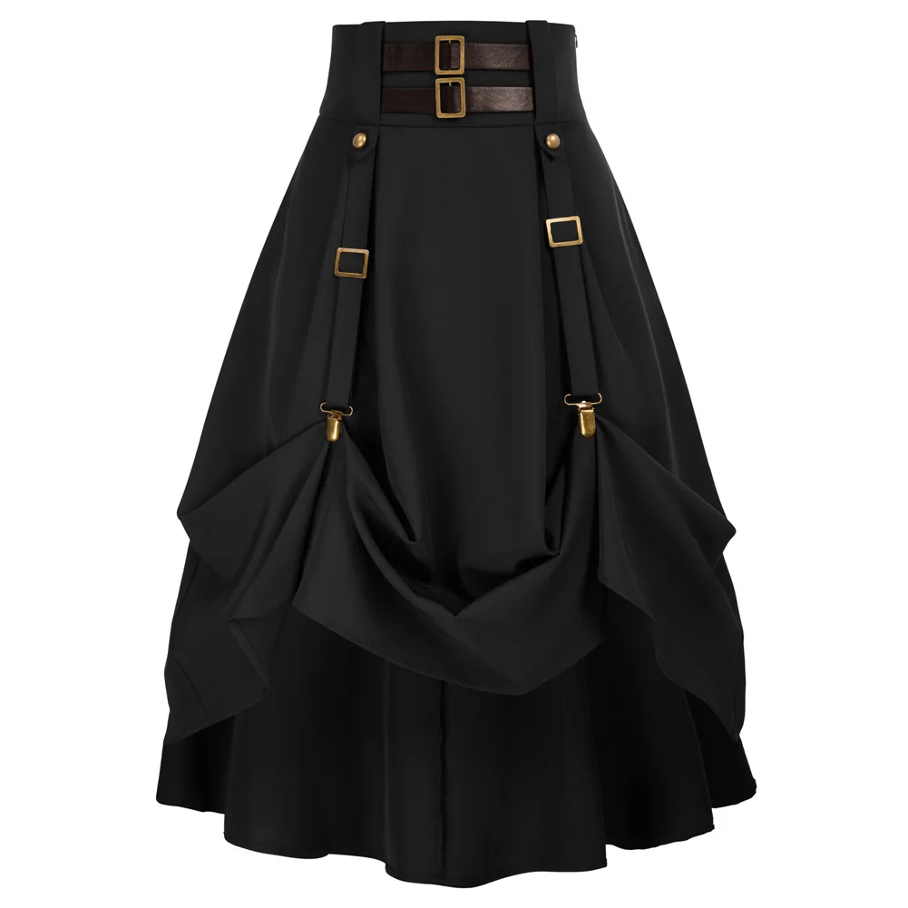 Rok bergaya SD Goth Steampunk, rok A-Line elastis, rok pinggang tinggi, Rok mengembang, rok Punk sabuk dapat disesuaikan