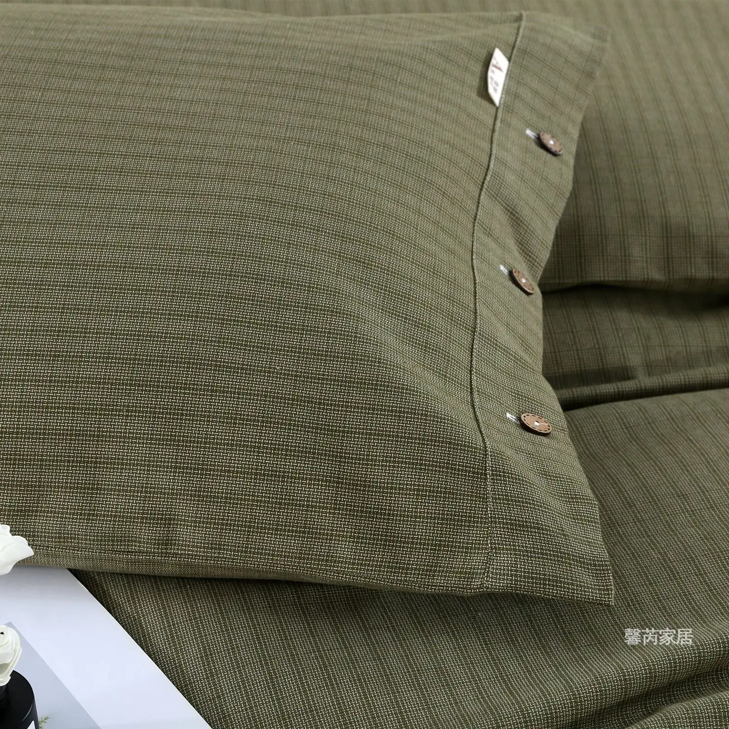 Olive Green Woven Pillowcase Soft Breathable Cotton Linen Blend Button Closure Bedding Pillow Cover For Bedroom Guest Room