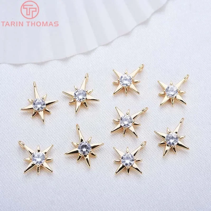 

(310)6PCS 11MM 24K Gold Color Plated Brass with Zircon explosion Six-star Charms Pendants High Quality Diy Jewelry Accessories