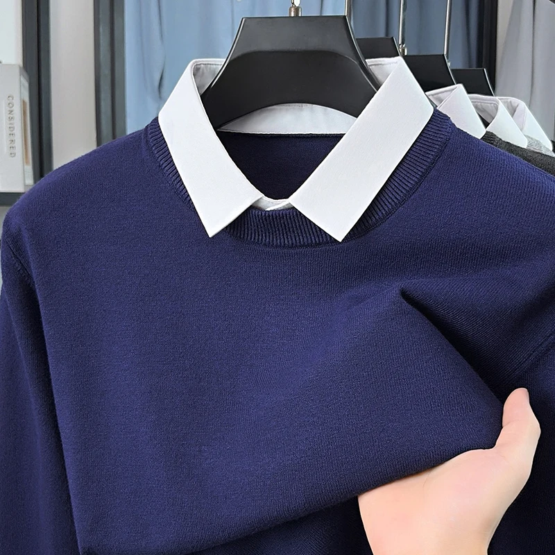 High Quality knitted fake two-piece sweater men's fashion autumn new soft comfort business casual luxury shirt collar pullover