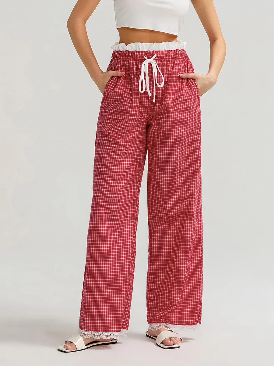 Women s Stylish Plaid Print Wide Leg Pants with Drawstring Elastic Waist and Ruffle Detail - Comfortable Boxer Trousers for