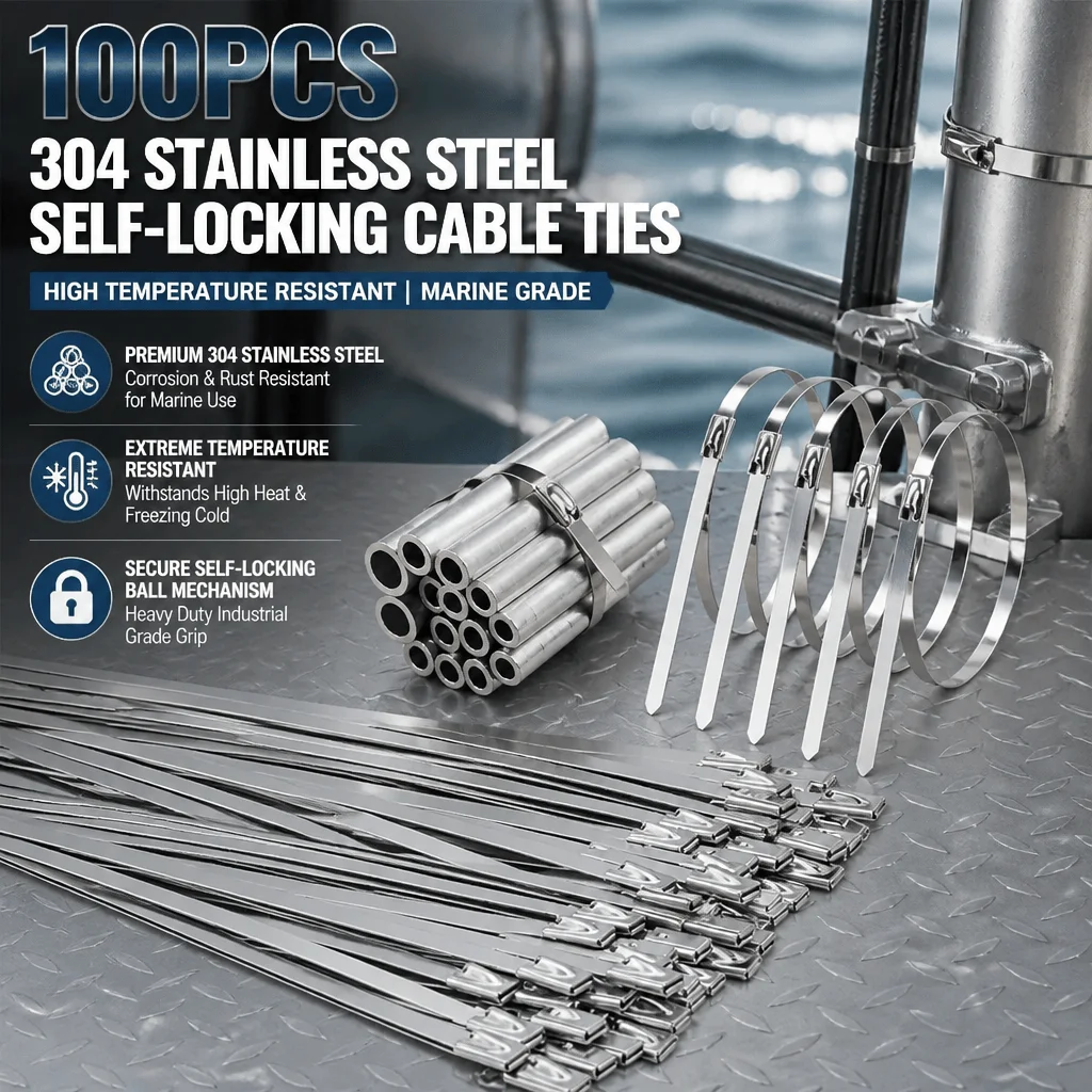 304 Stainless Steel Cable Ties Heavy Duty Metal Zip Ties Self-Locking Marine Industrial Grade High Temperature Resistant 100PCS