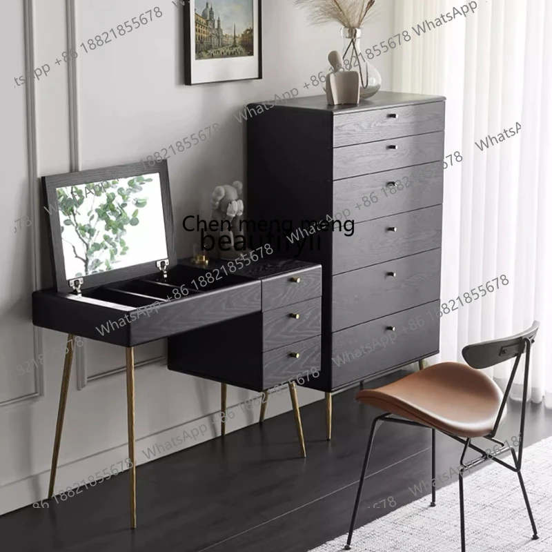 

Nordic solid wood flip, modern simple bedroom, retro light luxury black dressing table