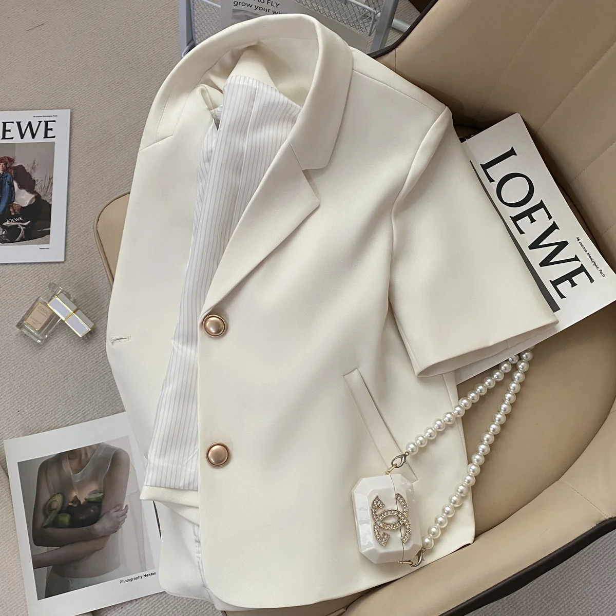 Fashionable Women's Beige Short Sleeve Single-breasted Short Top Summer Elegant Office Jacket Top Street Wear Korean Style Trend