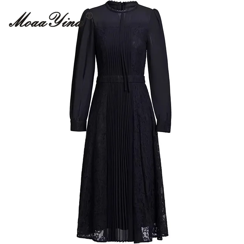 

MoaaYina Fashion Runway Design Women's Dress Autumn Winter Round neck Lace-Up Lantern Sleeved Pleated Splicing Elegant Dress