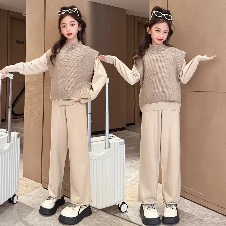 2024 Korea Spring Autumn Junior Girl Three-piece Set Teenager Girl Sweater Vest+ Sweatshirt+Wide-leg Pants Trusers Kid Girl Suit