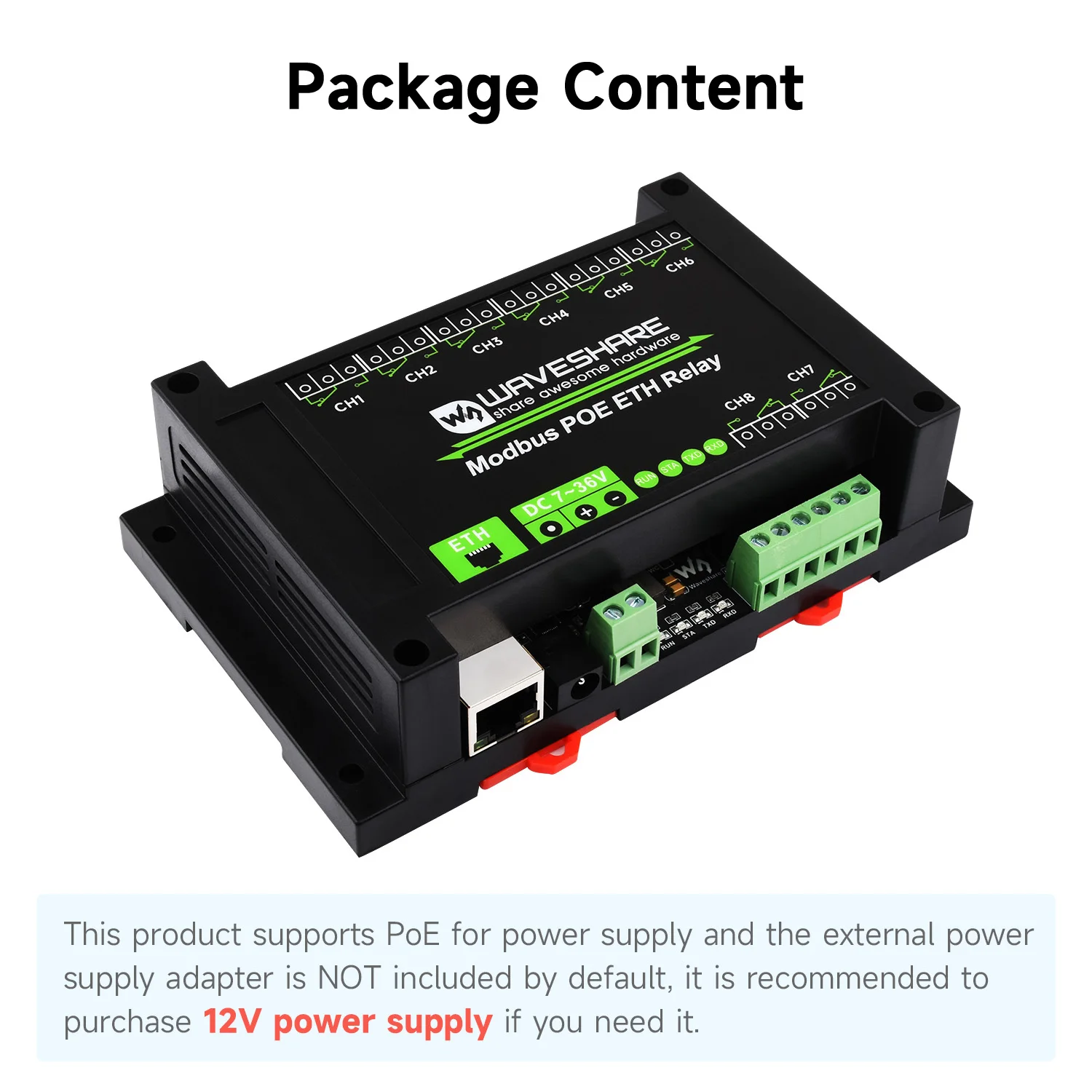 Waveshare 8-ch Ethernet Relay Module, Modbus RTU/Modbus TCP Protocol, PoE Port Communication, with Various Isolation