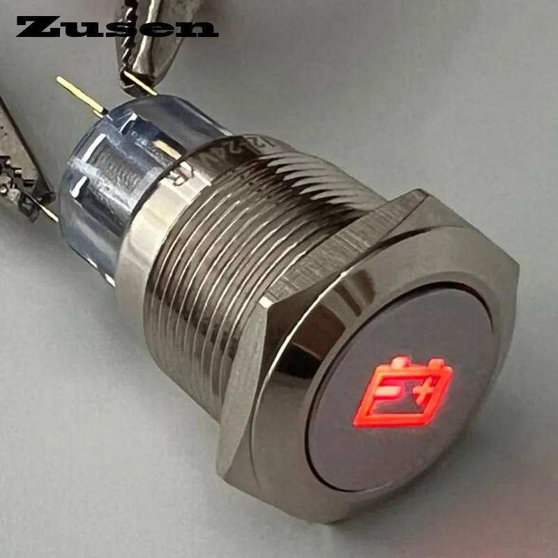 Zusen 19mm Illuminated Car Battery Indicator Symbol Momentary Push Button Switch Waterproof IP65(ZS19F-11/DB/12V/N)