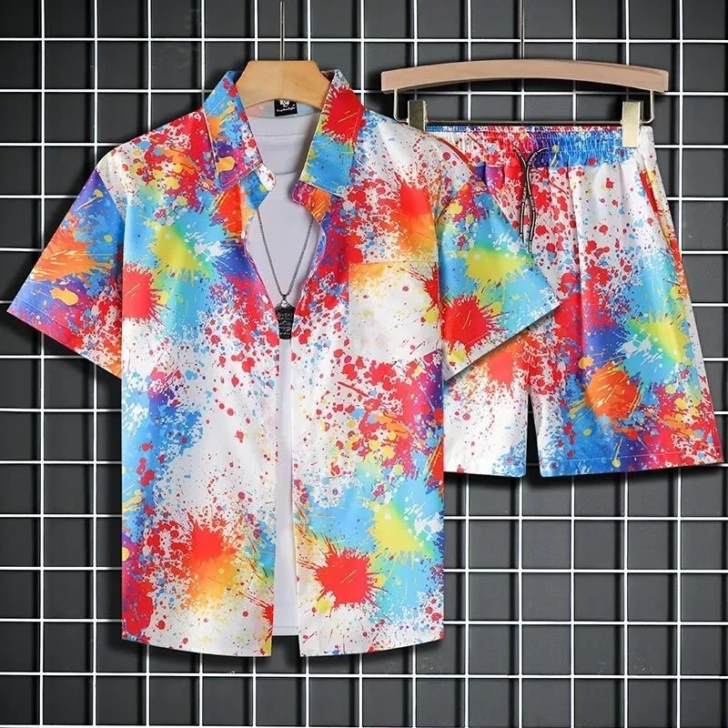 Colorful Graffiti Tie-dye Watercolor Ink Color 3D Print Shirt +Shorts Two Piece Set Short Sleeve Flip Collar Shirts Half Pants