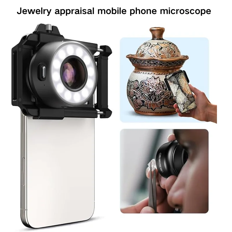 

Jewelry appraisal mobile phone microscope：120X Phone Microscope Lens with Eyecup/Illuminated LED Light/Universal Clip