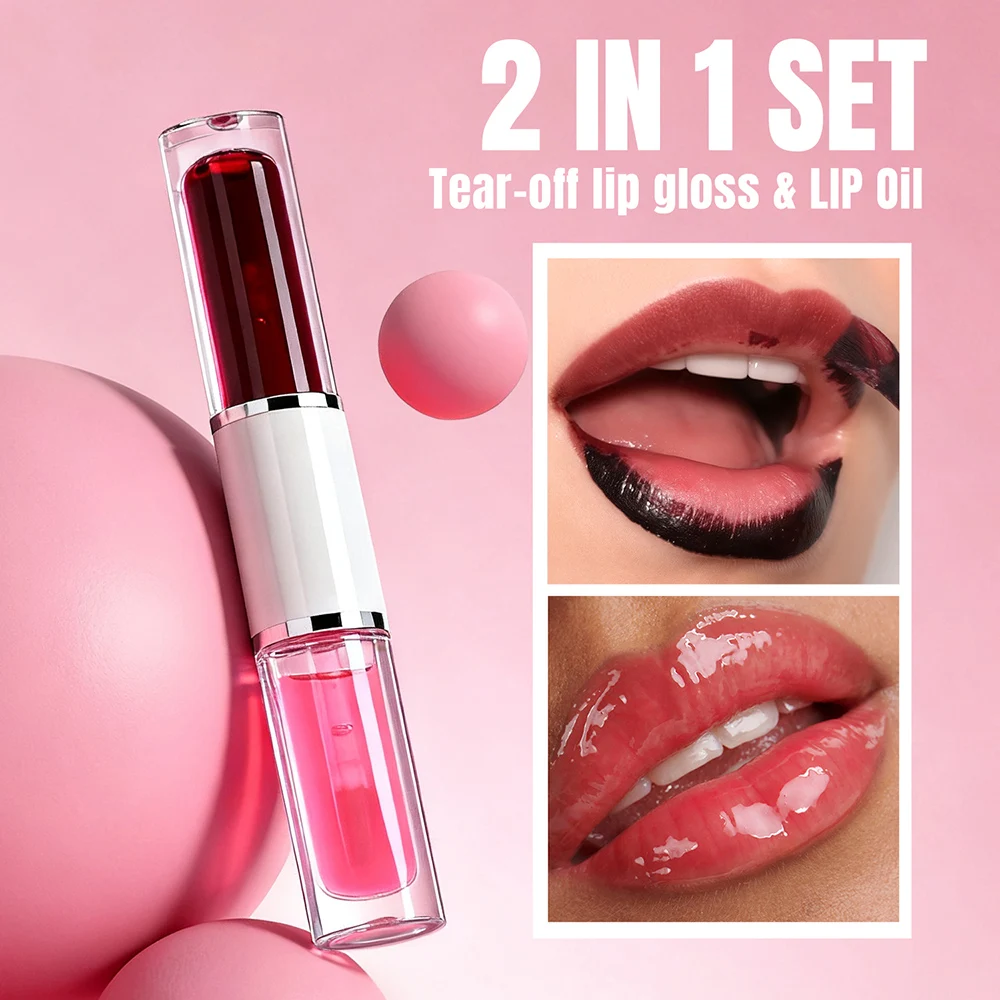 Private Label 2in1 Lipgloss-Lippenöl, individuelles Logo, 4-Farben-Peel-off-Gloss, Feuchtigkeit, langanhaltendes, transferfestes, doppelseitiges Make-up