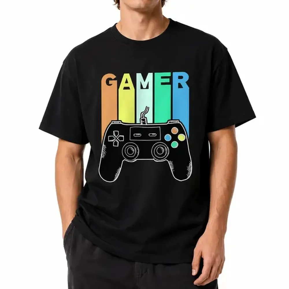 Retro Gamer Graphic T-shirt, Letter Print Black Shirt for Men, Women, Unisex, Harajuku Streetwear Oversized Casual Tee Top, Gaming Controller Shirt, Sweet Wear Outfit, Gaming Gift, Summer Street Style