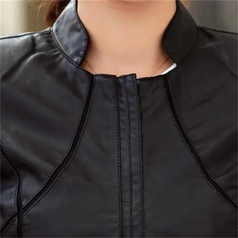 PU Leather Jacket Women's 2024 Spring Autumn New Outwear High Quality Short Slim Coat Korean Stand-UP Collar Overcoat Female Top