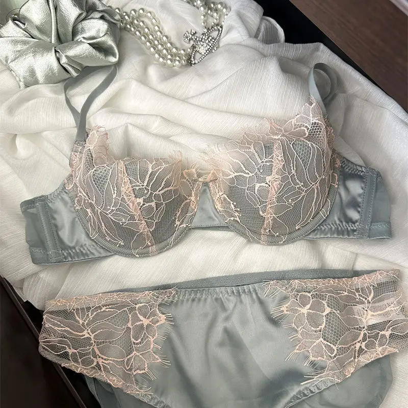 Conjunto de sutiã sexy de renda francesa feminino fino novo reunido seios pequenos para coletar seios laterais puro desejo sutiã anti-flacidez