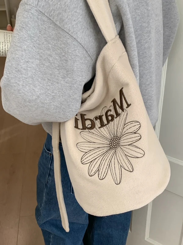 Embroidered Letter Suede Tote Bag Women's Large Capacity Versatile Single Shoulder Crossbody Bucket Bag Casual Polyester Fiber