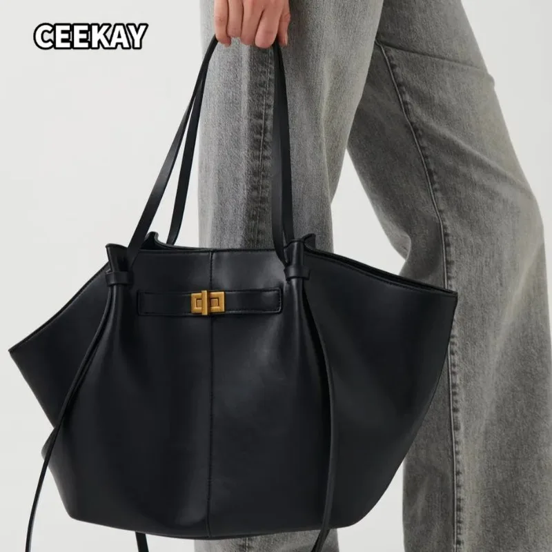 Fashion Large Capacity Trapeze Women Shoulder Bags Designer Metal Lock Handbags High-Quality Pu Leather Big Tote Commute Bag