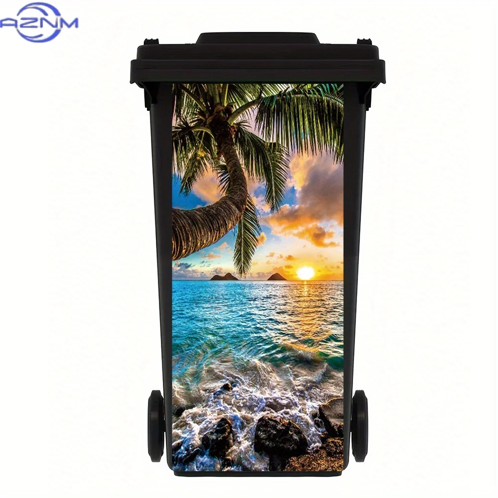 1pc of a Sunset Beach Scene Featuring Palm Trees And Rocks, a Waterproof And Removable PVC Sticker Suitable for Trash Bins, Wa view 3