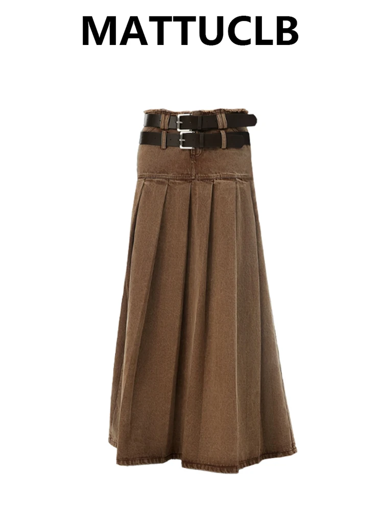 

Autumn Winter Women Midi Skirt Denim Pleated Skirt A-line 2000s Abi Y2k Korean Shoujo Vintage Preppy Style Japanese Fashion New