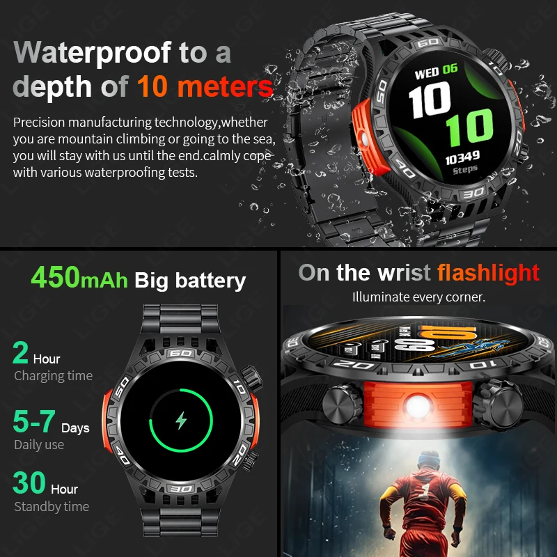 LIGE-reloj inteligente con linterna LED, pulsera con batería de 450 mAh, control del ritmo cardíaco y de la presión sanguínea, Bluetooth, llamadas