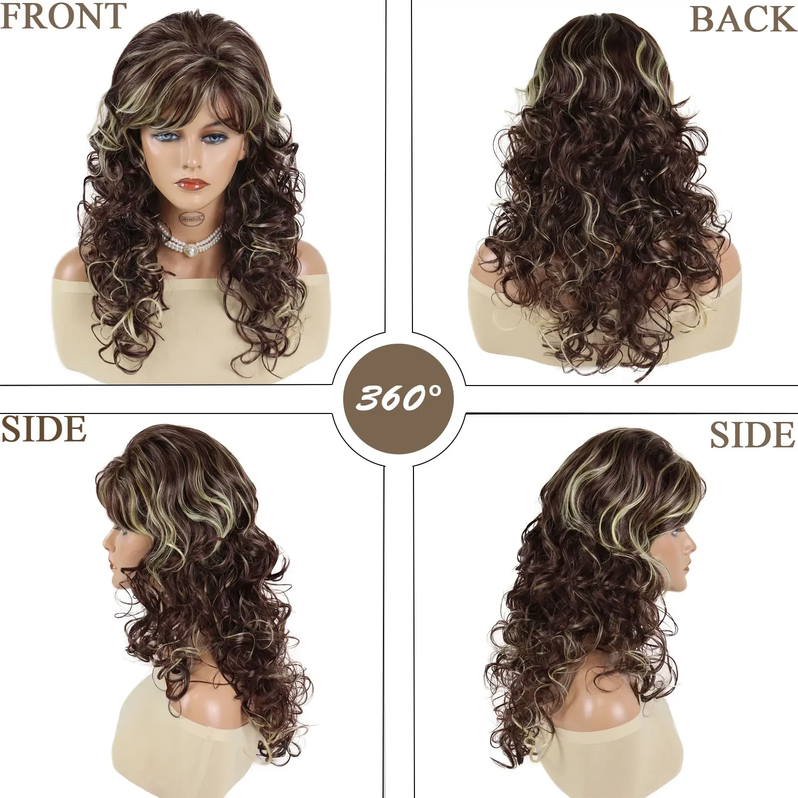 GNIMEGIL Synthetic Mommy Wigs for Women Long Curly Hair Wig with Bangs Brown Highlights Blonde Hairstyles Elegant Natural Daily