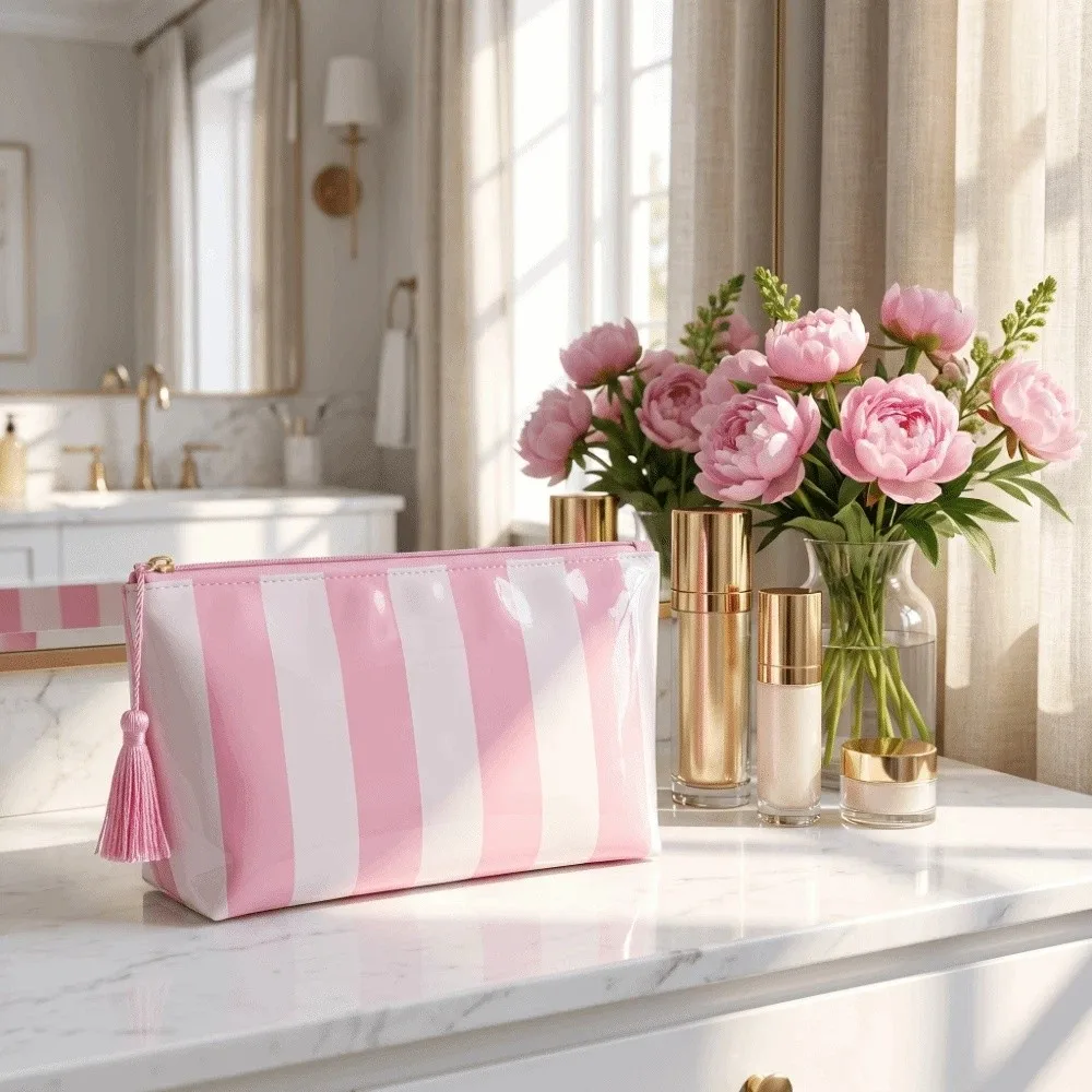 Waterproof Striped Cosmetic Bag Polyester Lining Large Capacity PVC Toiletry Bag Smooth Zipper Tassel Pendant Beach Storage Bag