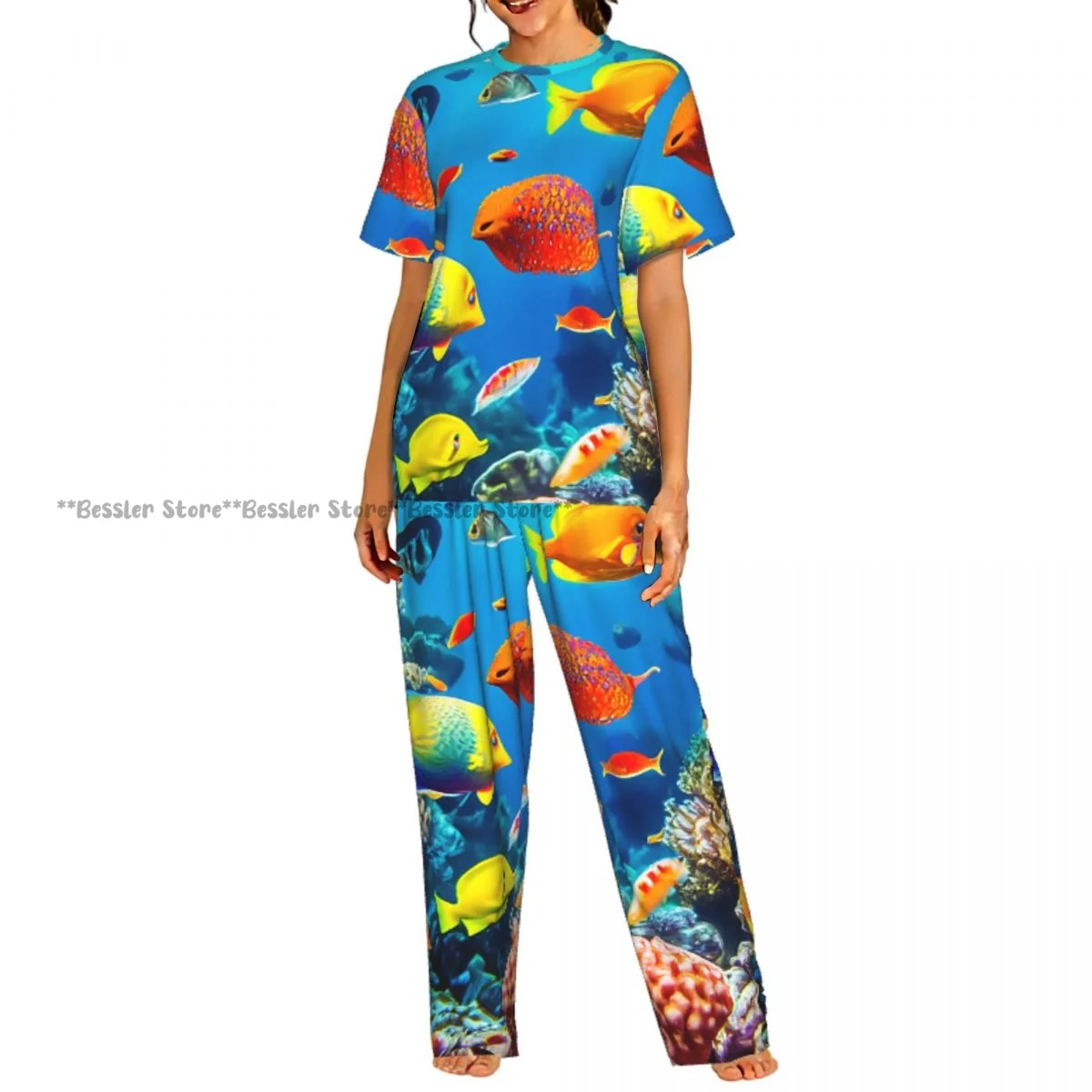 

Women Pajama Sets Lounge Sleepwear Fish Underwater Short Sleeve Nightwear