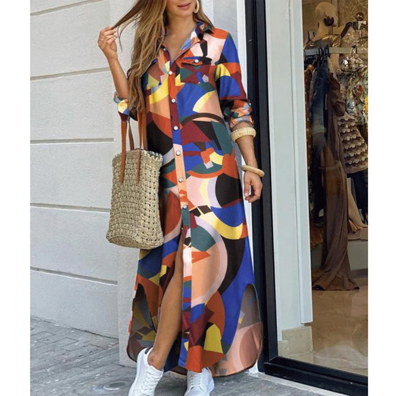 Women's Printed Shirt Long Dress Fashion Summer Sexy V Neck Long Dress for Home Office Outfit NIN668