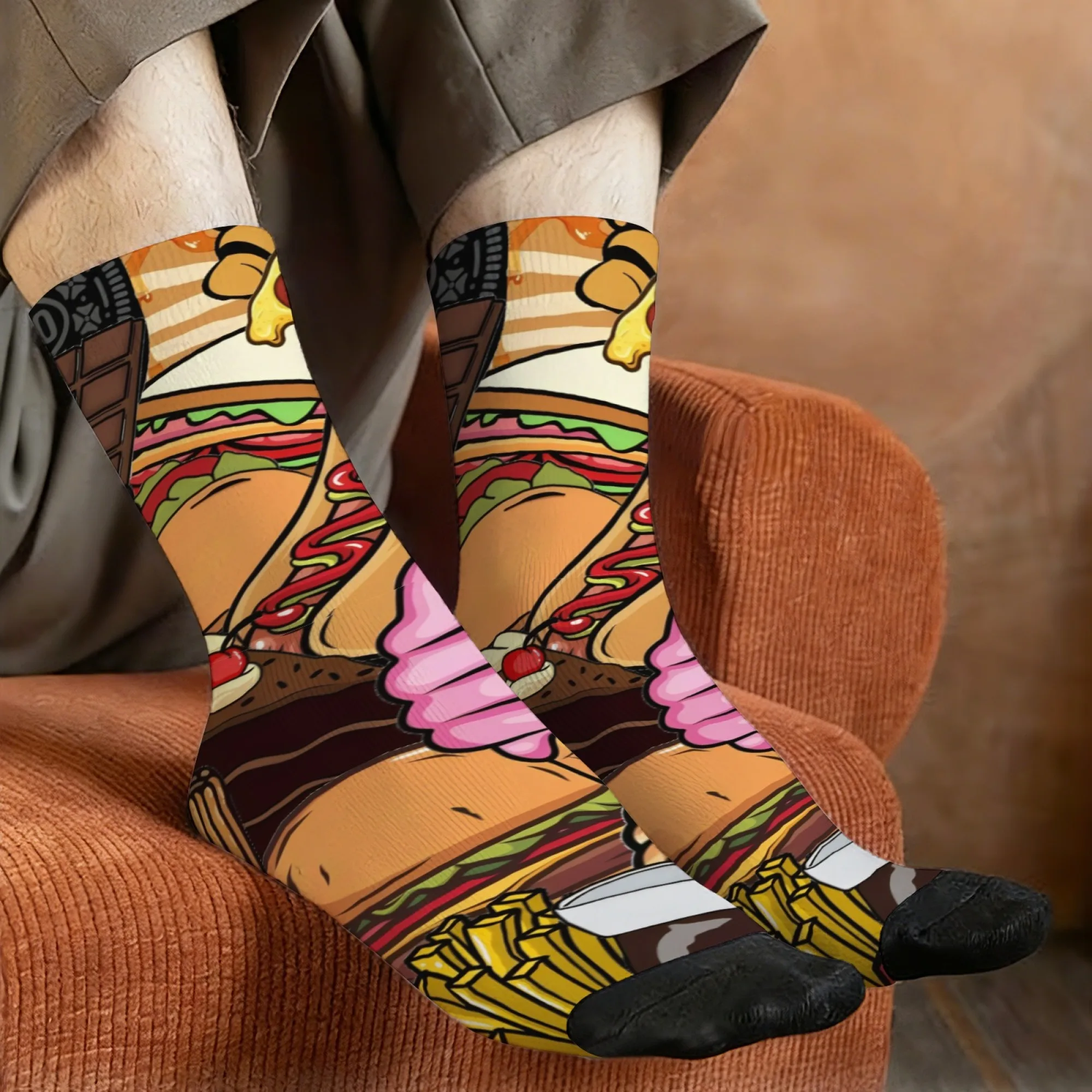1 Pair Men Novelty Delicious Fast Food Crew Socks Machine Wash All Over Print Burger and Fries Pattern Casual Mid-Calf Length