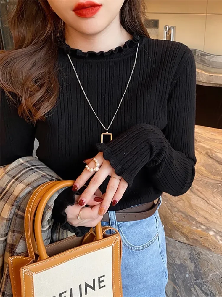 Korea Elegant Solid Basic Knitted Tops Women Turtlneck Sweater Casual Slim Pullover Korean Fashion Simple Chic Ruched Clothes