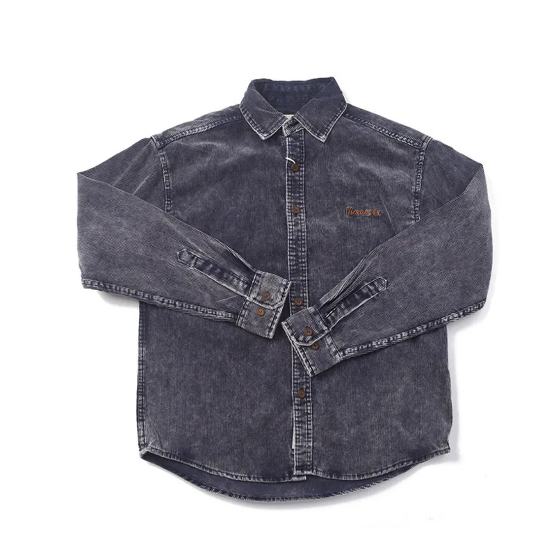 HKSH Spring New Men Tide Punk Washed American Distressed Safari Style Shirt Casual Loose Fit Long-Sleeve Corduroy Shirts HK21975