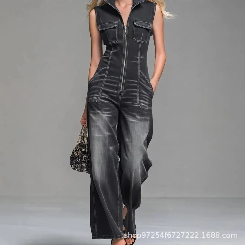 Black Sleeveless Stand Collar Zip Up Denim Wide Leg Jumpsuit Contrast Stitching Loose Fit For Women Summer Casual Street Wear