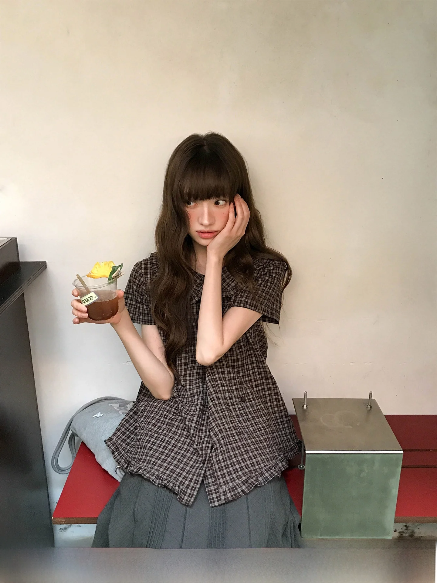 

Cannont Doll Collar Plaid Shirt Shoulder Width Regular Cotton Casual Style Short Sleeve Youthful Feeling Women's Fashion