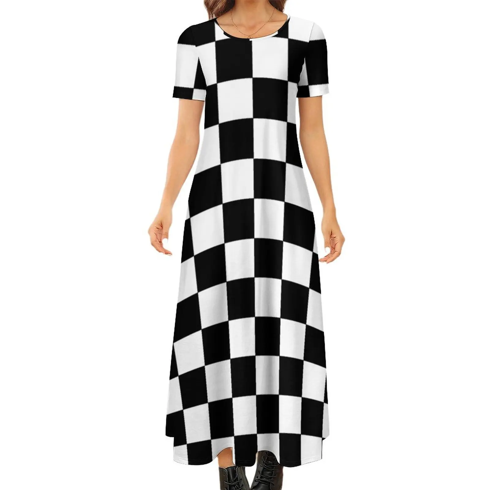 

Checkered Black and White Round Neck Short Sleeve Dress Dresses summer dress korean women Dress for pregnant women