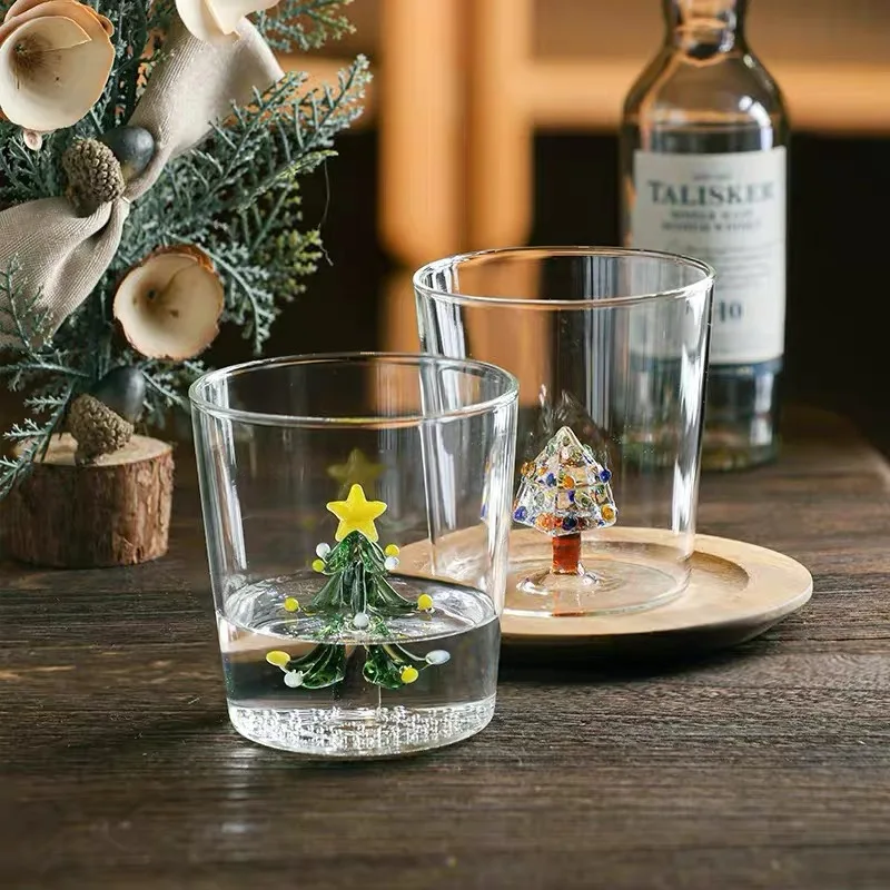 Handmade Christmas Glass Cup, 3D Christmas Tree and Santa Claus Design, High Temperature Resistant High Borosilicate Water Cup, 300ml