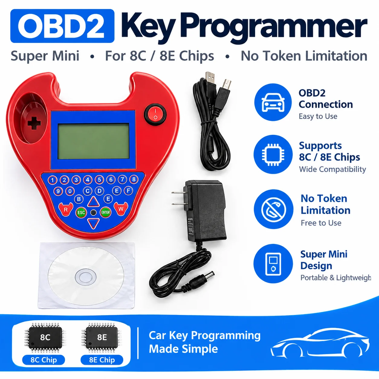 OBD2 Transponder Key Programmer, Mini Car Key Coding Tool Support 8C 8E Chips, Unlimited Token