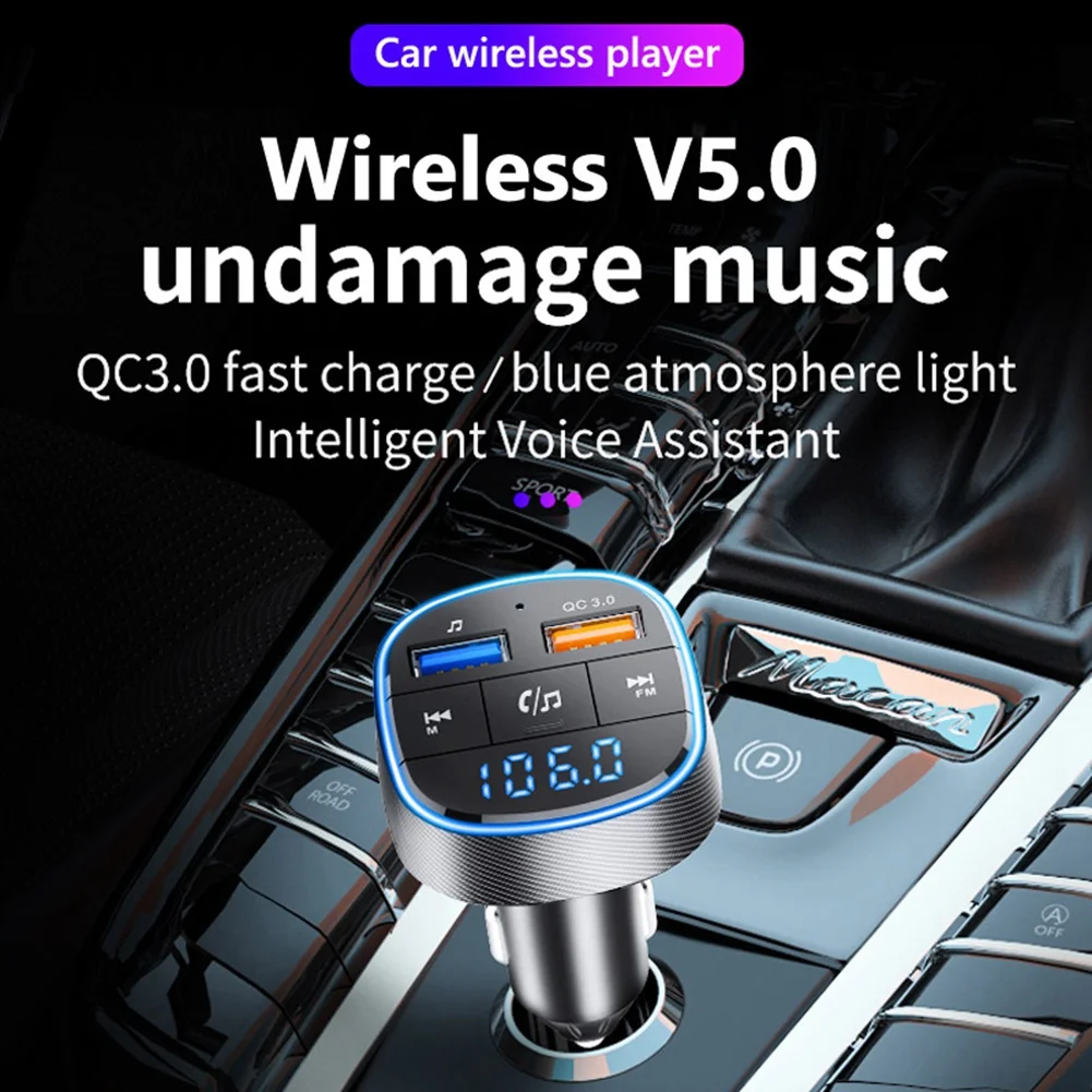 BC57 Car Bluetooth 5.0 FM Transmitter QC3.0 Dual USB Charger Colorful Light MP3 Player Adapter TF Card Handsfree Car Kit