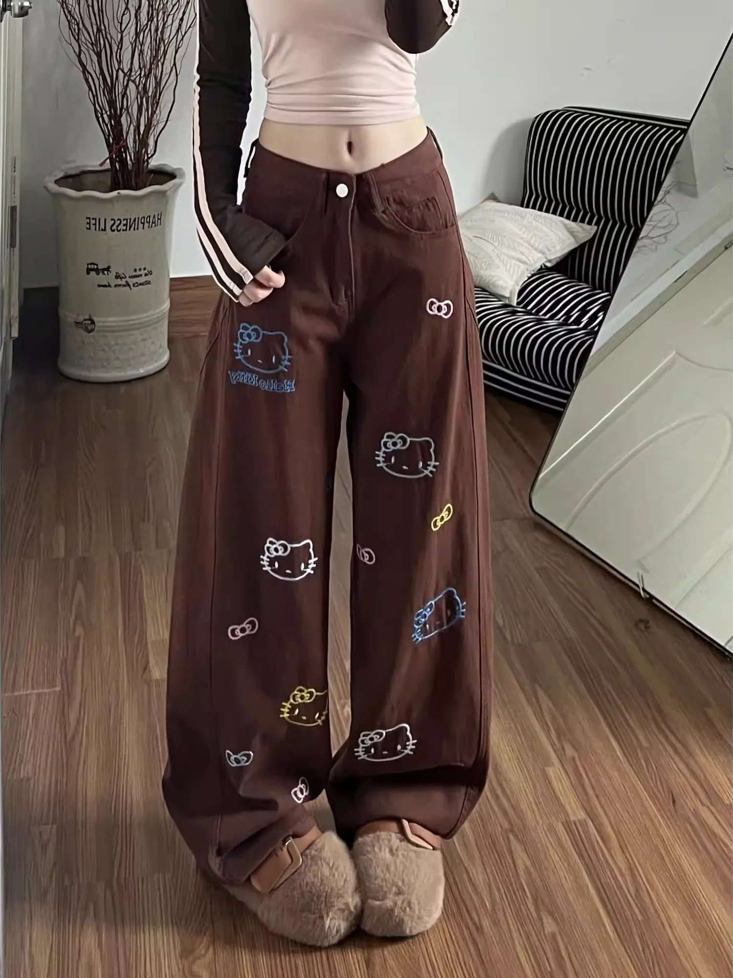 

plus Size Embroidered Fce Lined Thiened Wide Leg Jeans Casual Loose Fit Bootcut Trousers for Women Autumn Winter Faion