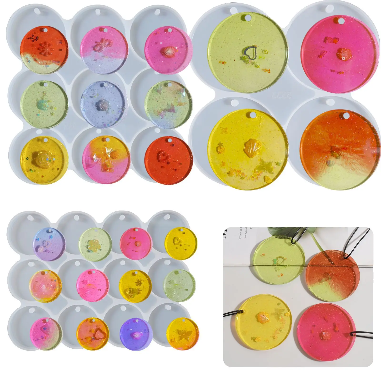 New Mould DIY Crystal Resin 4-Piece 9-Piece 12-Piece Mold Round Pendant with Holes for Bags Keys and Decorative Silicone Molds