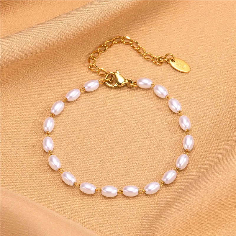 Modyle New Gold Color Stainless Steel Bracelets for Women,Fashion Pearl Charm Wedding Bracelets, Jewelry Gifts